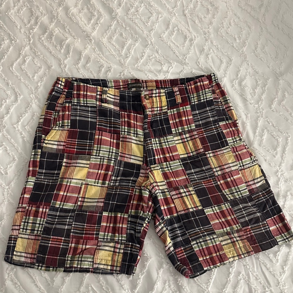 Madras plaid flat front shorts size 38